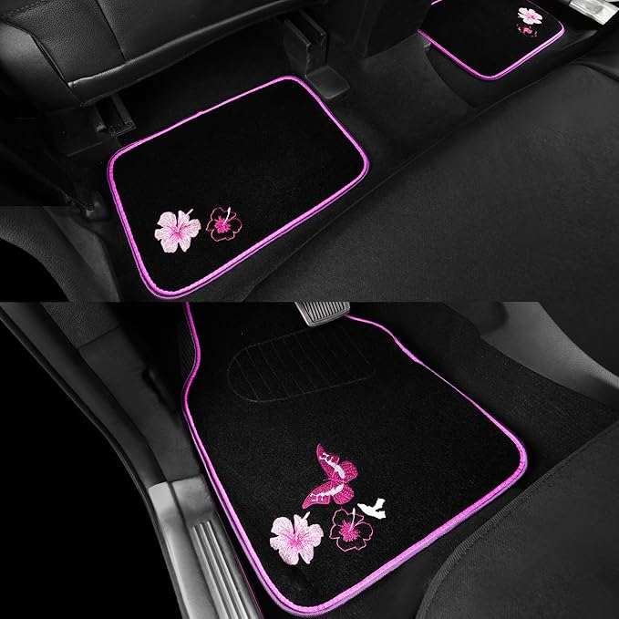 CAR PASS Universal Cloth Butterfly Car Seat Covers Full Set, Embroidered Flower Waterproof Car Floor Mats Carpet, Butterflies
