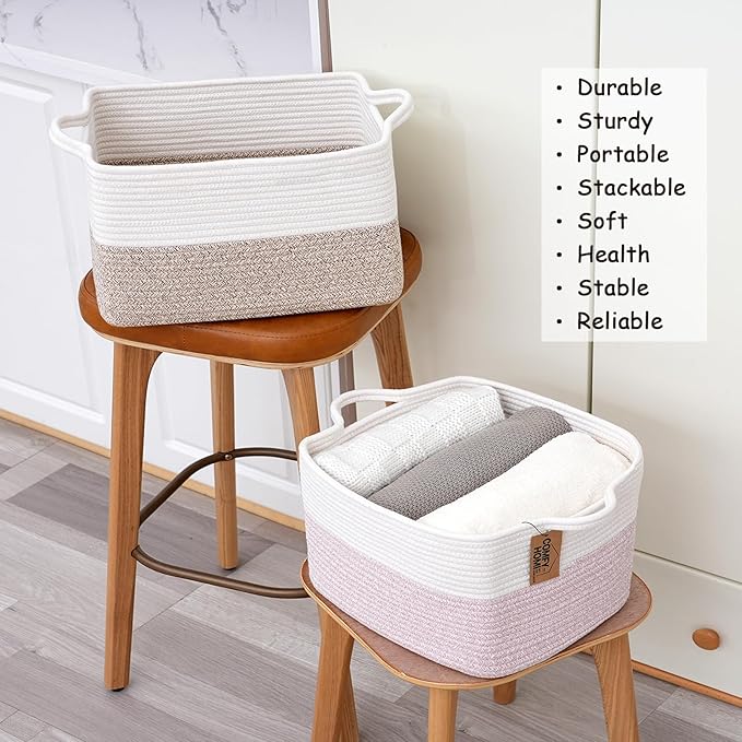COMFY-HOMI 3-Pack Cotton Rope Woven Basket with Handles for Shelves, Books, Toys, Cloth Storage|Towel Storage|Nursery Baby Ba