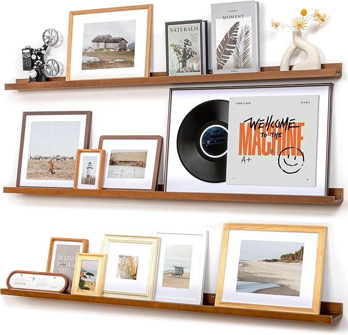 Picture Ledge Wall Shelves - Set of 3, 56 inches Width, Solid Pine Wood Rustic Floating Ledge Shelves for Kids' Room, Bedroom