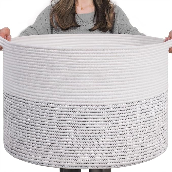 INDRESSME XXXLarge Cotton Rope Basket 21.7" x 21.7" x 13.8" Woven Baby Laundry Basket for Blankets Toys Storage Baskets with 