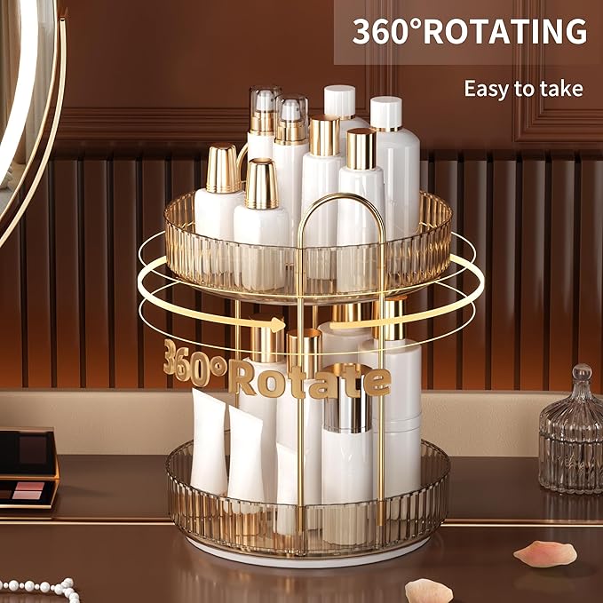 YCIA&DONE 360 Rotating Makeup Organizer and Storage for Vanity Countertop 2 Tiers, High Capacity Cosmetic Skincare Perfume Or