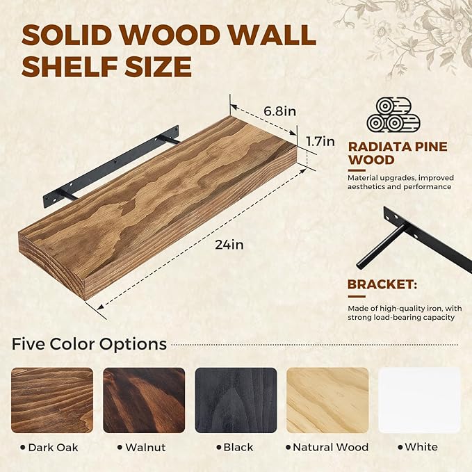 Floating Wall Shelves 24x6.8x1.7 Inch – Solid Wood Rustic Shelves in Dark Oak Finish – Wall Mounted Display Shelf for Bathroo