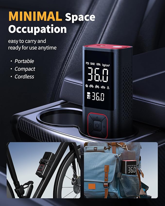 Cordless Tire Inflator 150PSI Portable Air Compressor with Auto Shutoff, Air Pump for Car Tires, Motorcycle, Bike, Balls, Inflatables, LED Light, Red, Large Capacity