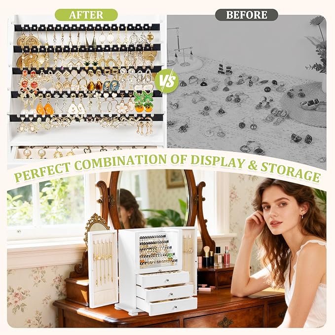 Jewelry Box Organizer, Rustic Wooden Jewelry Boxes for Women Girls, Large Storage Earring Holder Organizer Display for Earrin