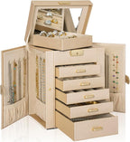 AKOZLIN 6-Tier Jewelry Box Lockable Leather Jewelry Storage Case with 5 Drawers for Women Girls Ring Necklace Earring Bracele