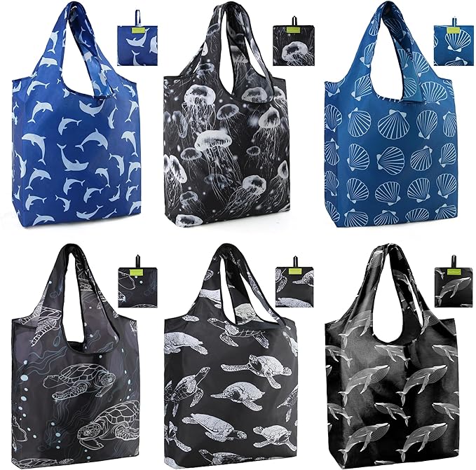 BeeGreen Animal Reusable Shopping Bags Cute Grocery Bag 6 Pack, Christmas Gift Bags Heavy-Duty Foldable Shopping Totes for Supermarket, Work & Travel, Large Washable Polyester Tote Bag with Handles