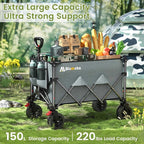 Collapsible Wagon Cart, 150L Heavy Duty Foldable Beach Wagon with Wider Wheels & Auto-Rebound Handle, Utility Grocery Shopping Cart for Garden, Shopping, Camping, Sports, Gray