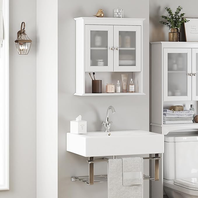 Spirich Bathroom Cabinet Wall Mounted, Medicine Cabinet Organizer with Glass Doors and Adjustable Shelves, Bathroom Wall Cabi
