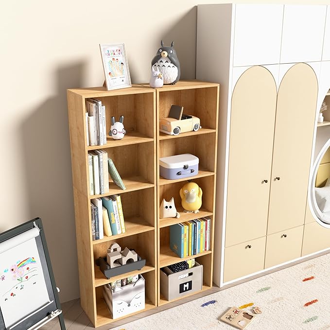 Wooden 5 Cube Storage Organizer, Oak 5 Tier Bookcase Bookshelf Freestanding Storage Display Organizer, Versatile Cubes Open S