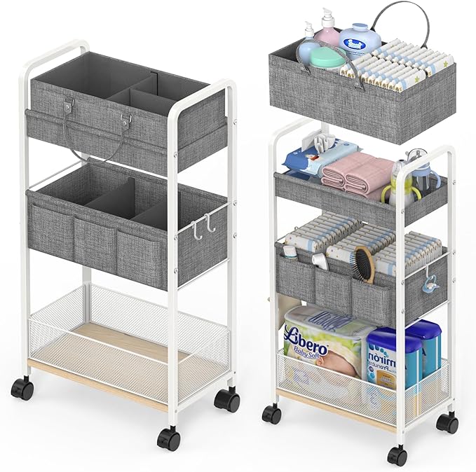 2In1 Baby Diaper Caddy & 3-Tier Rolling Diaper Cart, Diaper Caddy Organizer Cart with Dividers, Metal Detachable Bedside Cart