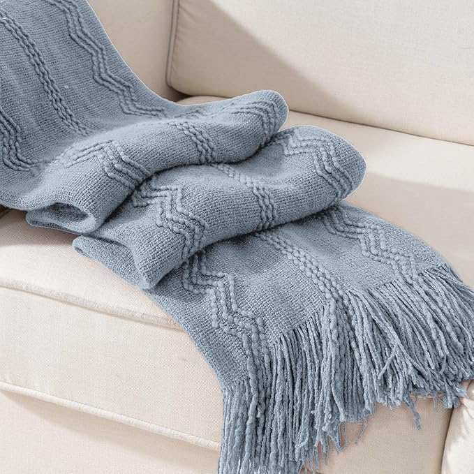 BATTILO HOME Bluish Grey Throw Blanket for Couch, Soft Knit Throws with Tassels for Home Decor, Blue Blankets and Throws for 