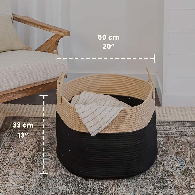 OrganiHaus Large Woven Storage Basket for Blankets and Toys 20" x 13" Inch, Rope Laundry Basket with Handles, Cushions & Pill