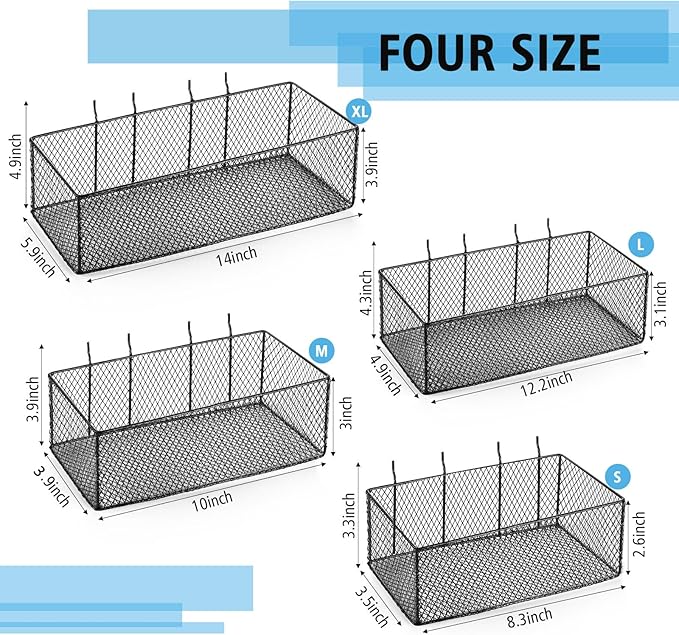Norme 4 Pack Pegboard Baskets Set 4 Size Metal Wall Organizer Square Style Wire Pegboard Bins Wall Mount Peg Board Tool Organ