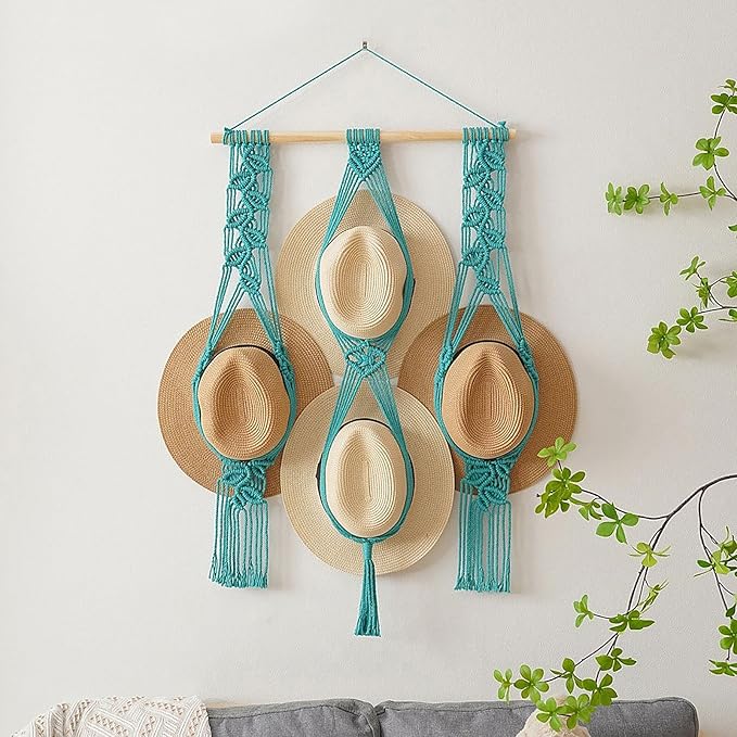 Tissting Macrame Hat Hangers Boho Hat Rack for Wall Hat Holder Display Organizer Bobo Hanging Hat Organizer Storage for Wide 