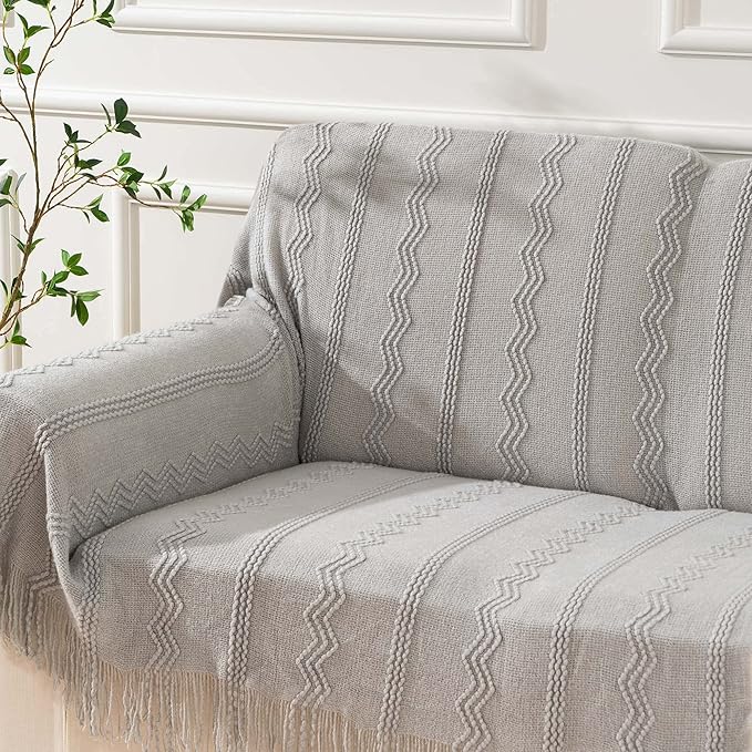BATTILO HOME Light Grey Throw Blanket for Couch, Geometric Grey Bed Throws Decorative Boho Blanket for Sofa Living Room, 50"x