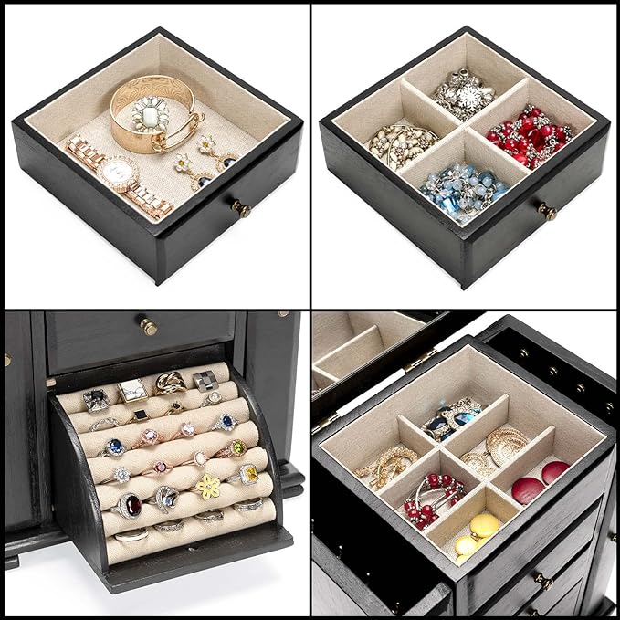 Emfogo Jewelry Box for Women, Rustic Wooden Jewelry Boxes & Organizers with Mirror, 4 Layer Jewelry Organizer Box Display for