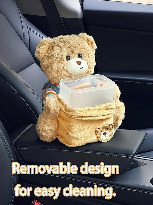 Cute Car Trash Can with Tissue Holder Teddy Bear Tissue Box Console Stuffed Animal Organizer Plush Doll Multifunctional Creative Accessories for Women Rainbow Bear