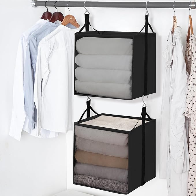 STORAGE MANIAC 2-Shelf Hanging Closet Organizer, Cloth Hanging Closet Shelf, Hanging Closets Baskets with Hooks for Dorm, Apt