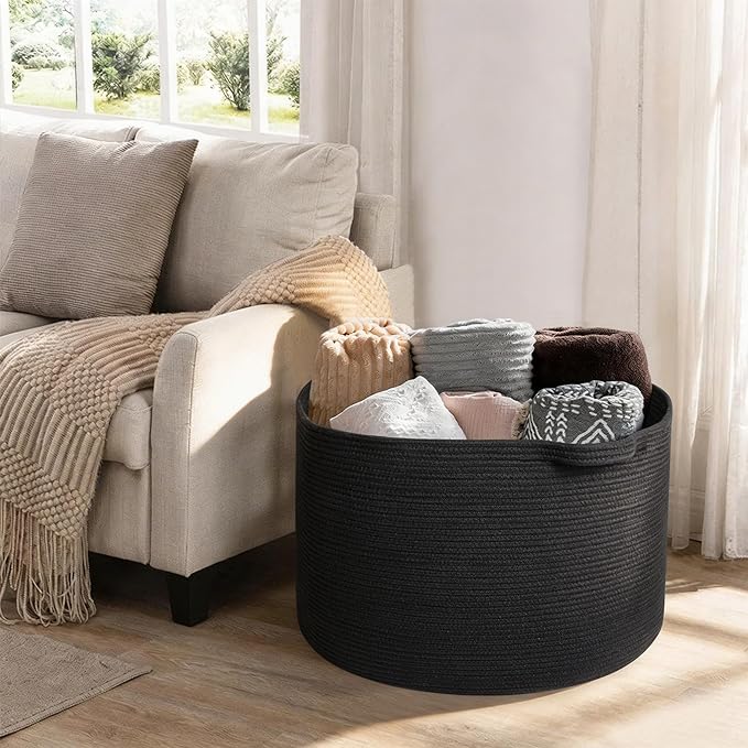MEGASKET Large Black Blanket Basket, 22" X 22" X 14" Woven Rope Bin for Storage, Kids Dog Toy Storage Box Organizer Bins, Bla