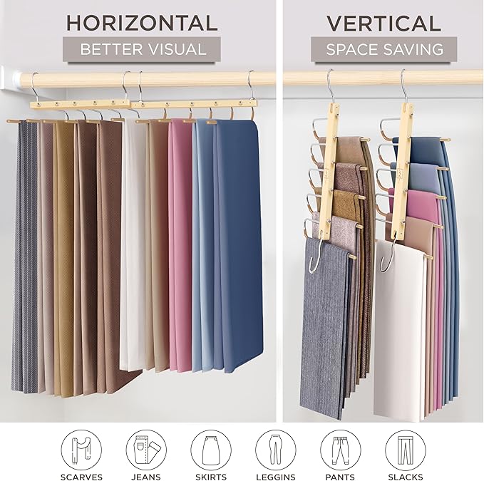 MORALVE Pants Hangers Space Saving - 4 Pack European Beechwood Scarf and Jean Hangers - Closet Organizer and Space Saver Pant