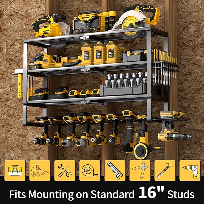 YYR Large Power Tool Organizer Wall Mount, Heavy Duty Metal Cordless Drill Storage Rack with Battery Charging Station Shelf, 