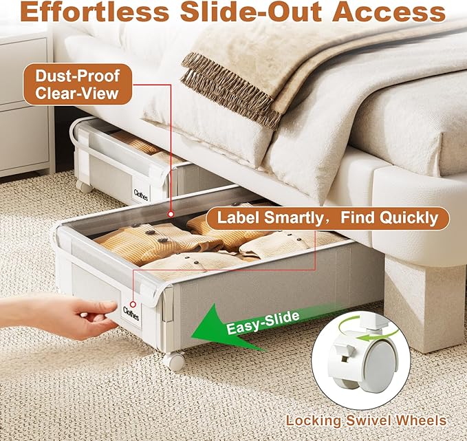 2Pack Under Bed Storage with Wheels,5.2"-6.5" Adjustable Height Underbed Storage,Low Profile Under Bed shoe Storage,Rolling U