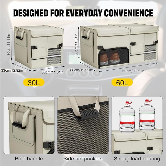 Foldable Car Trunk Organizer with Multi-Compartment - Expandable 30-60L Storage Bin, Side Mesh Pockets, Waterproof 600D Oxford