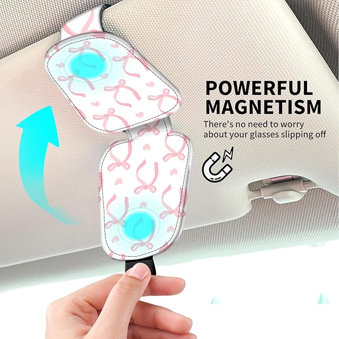 Leather Magnetic Sunglass Holder for Car Sun Visor, Cute Eyeglass Ticket Card Hanger Clip, Universal Auto Interior Accessories for SUV Pickup Truck White Pink Bow