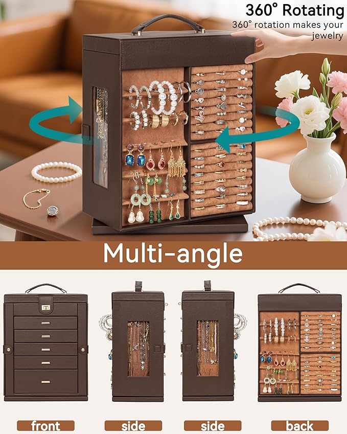 AKOZLIN 360° Rotating Jewelry Box 6-Tier Organizer Functional Jewelry Storage Case for Women Girls Ring Necklace Earring Brac