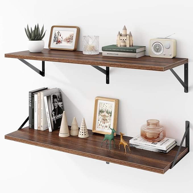Deep Floating Shelves Wall Mounted, 36"x12" Walnut Wall Shelves with Brackets Set of 2 for Bedroom, Living Room, Bathroom, Ki
