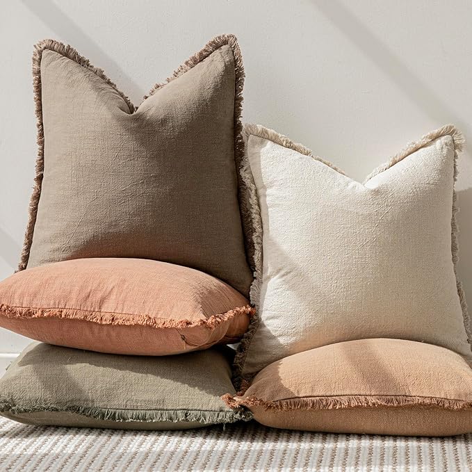Foindtower Set of 2 Decorative Linen Fringe Throw Pillow Covers Cozy Boho Farmhouse Cushion Cover with Tassels Soft Accent Pi