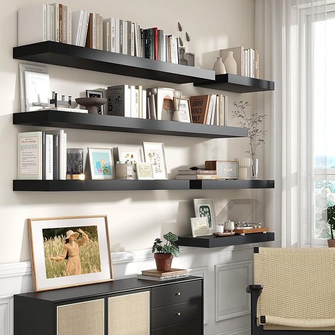 12 Inch Deep Floating Shelves | 55 Inch Black Floating Shelves | 55" W x 12" D Rustic Wood Shelves for Wall | Deep Black Shel