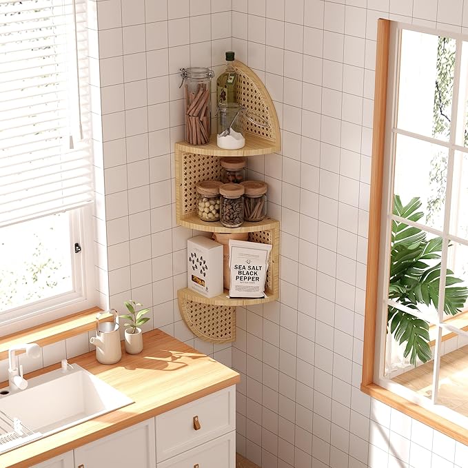 3-Tier Corner Shelf - Wooden Rattan Wall Mounted, Zig Zag Hanging Shelves for Bedroom, Living Room & Bathroom