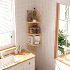 3-Tier Corner Shelf - Wooden Rattan Wall Mounted, Zig Zag Hanging Shelves for Bedroom, Living Room & Bathroom