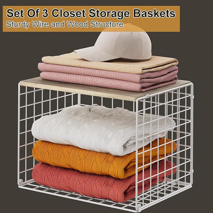 Closet Organizers And Storage Shelf, 3Pack Stackable Closet Storage Bin Basket For Clothes Sweaters With Top Board, Widened O