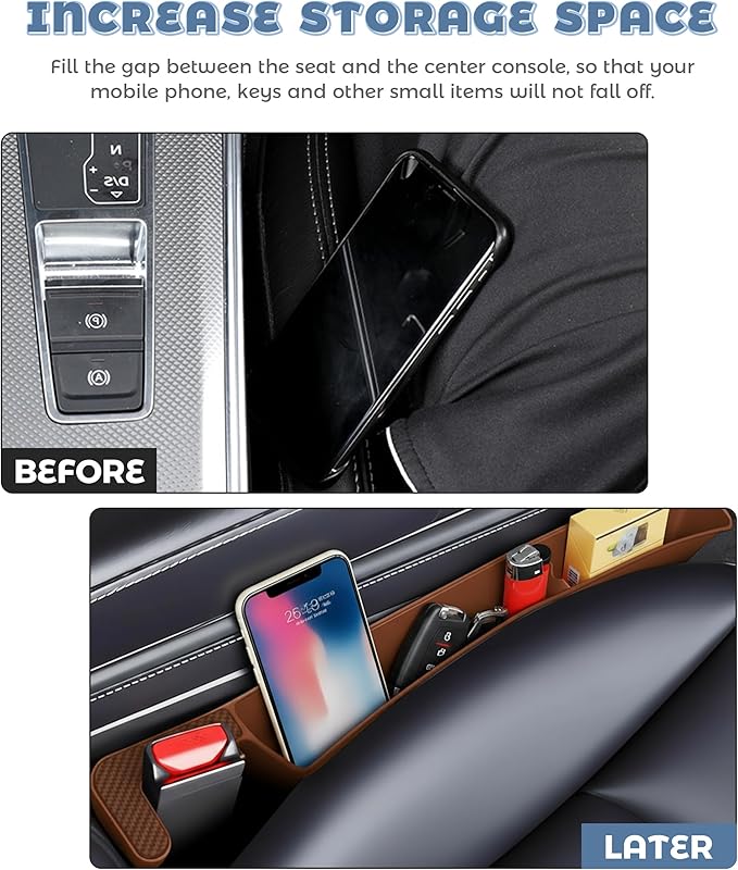 2PCS Car Seat Gap Filler,Car Accessories Car Organizer,Cars Seat Gap Filler Organizer with 2 Storage Areas,Used for Phone,Wallets,Keys,Eyeglasses,Fit for Most Cars,Trucks,SUVs (Brown)