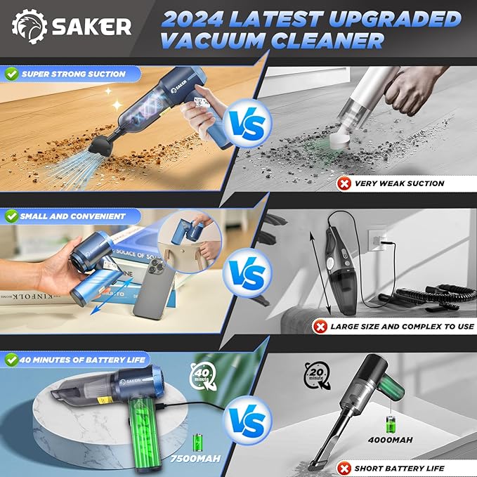 Saker Portable Car Vacuum Cleaner Cordless High Power 17000PA 3 in 1 Foldable Handheld Vacuum Cordless with Brushless Motor f