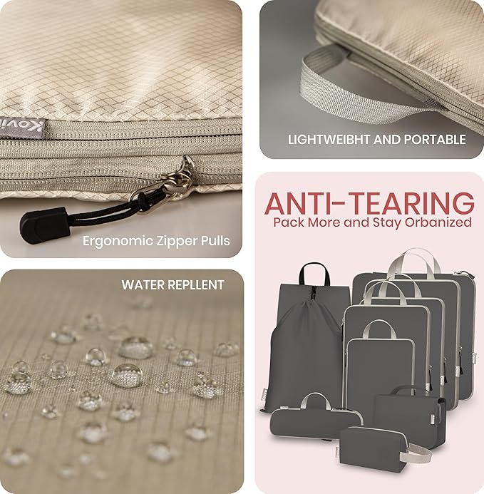 Compression Packing Cubes for Travel, Set of 10 Expandable Luggage Organizers with Shoe Bag, Lightweight Water-Resistant Suit