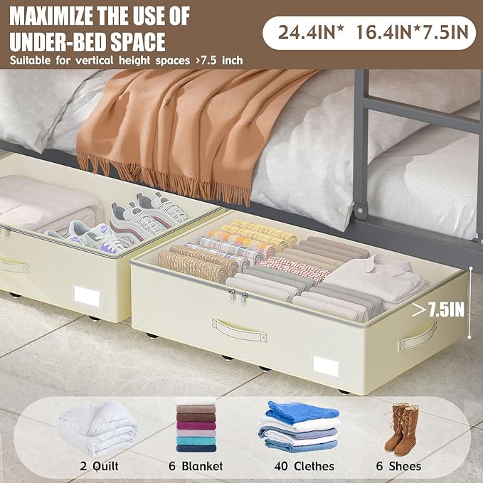 Under Bed Storage with Wheels, No Assemble Required 7.5 inches height Under Bed Storage bins,Large capacity Rolling Underbed 