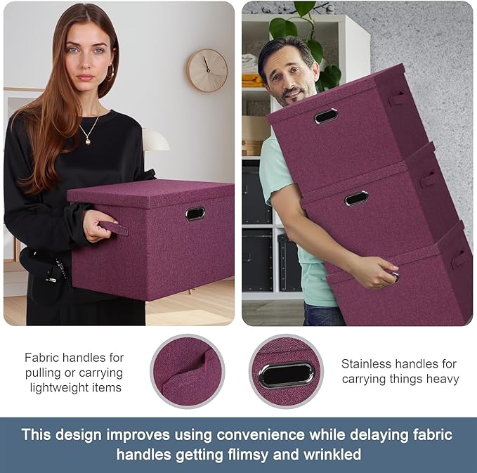 Graciadeco Large 17" 36 Quart Collapsible Stackable Storage Bins with Lids, 3 Packs Purple Linen Fabric Closet Boxes with Lid
