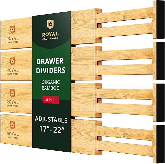ROYAL CRAFT WOOD Adjustable Bamboo Drawer Dividers Organizers (17-22") - Bamboo Kitchen Drawer Organizer 7 Slot