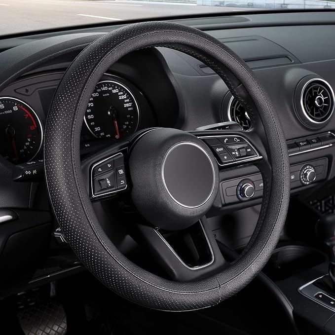 SEG Direct Black Car Steering Wheel Cover Small Size 14-14.25 inch (35.5-36 cm), for Prius Civic Model 3 Model Y Camaro, Brea