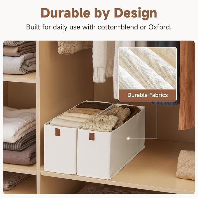 StorageWorks Fabric Storage Bins, Small Storage Bins with PU Handle, Decorative Narrow Baskets for Shelves, Ideal for Organiz