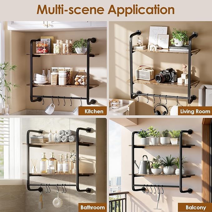 2 Tier Industrial Pipe Shelving, 24" Kitchen Shelves Wall Mounted with 6 Hooks, Coffee Bar Shelves Display Bookshelf Wall She