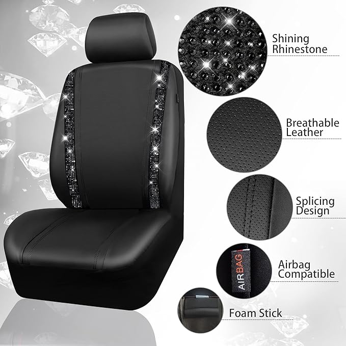 CAR PASS Bling Diamond Car Seat Covers, Shining Rhinestones Waterproof Faux Leather, 7 Seats 3 Rows with Zipper Glitter Crystal Sparkle Strips Universal Fit 95% MPV,SUV,CAR for Women Girl, Black