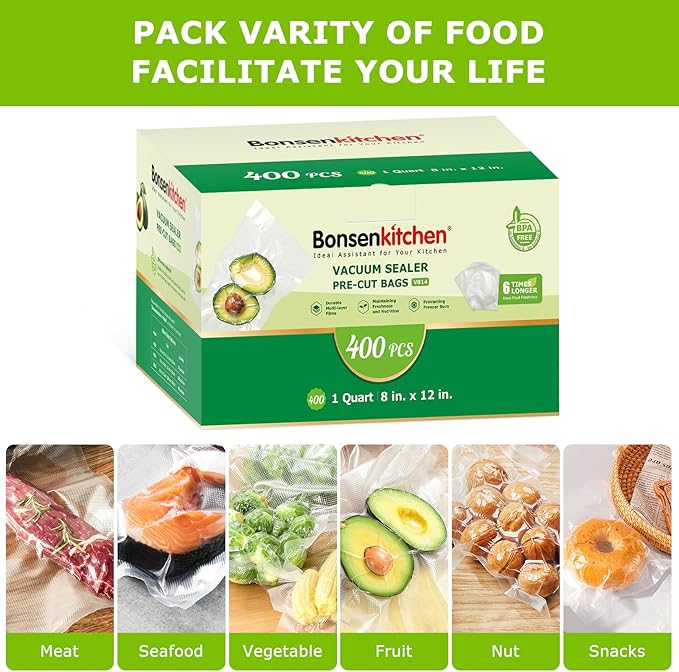Bonsenkitchen Vacuum Sealer Bags,400 Quart 8" x 12" Precut Food Sealer Bags, Commercial Grade, BPA Free, Heavy Duty, Customiz