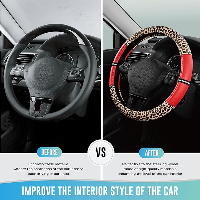 Road Comforts Leopard Steering Wheel Cover for Women, Cute Anti-Slip Microfiber Leather, Universal Fit 14.5-15 Inch Round Ste