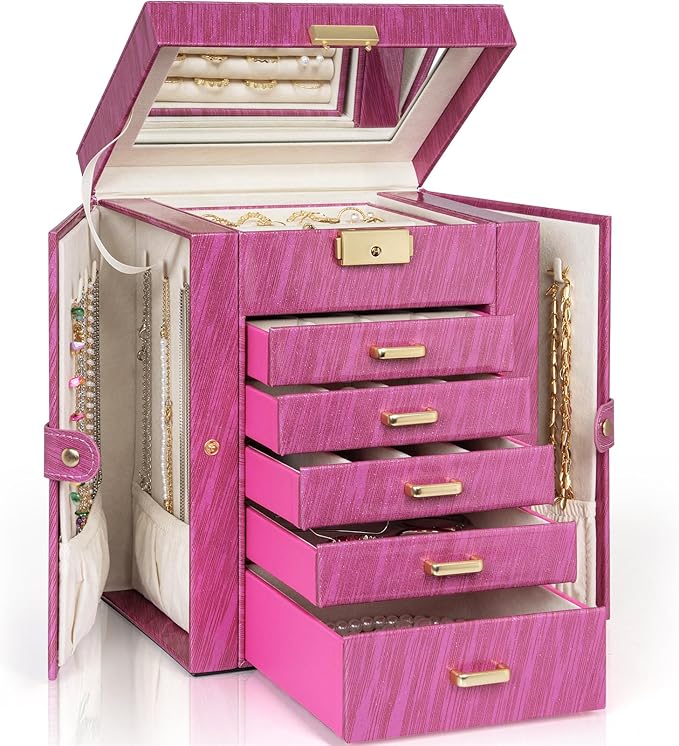 AKOZLIN 6-Tier Jewelry Box Lockable Leather Jewelry Storage Case with 5 Drawers for Women Girls Ring Necklace Earring Bracele