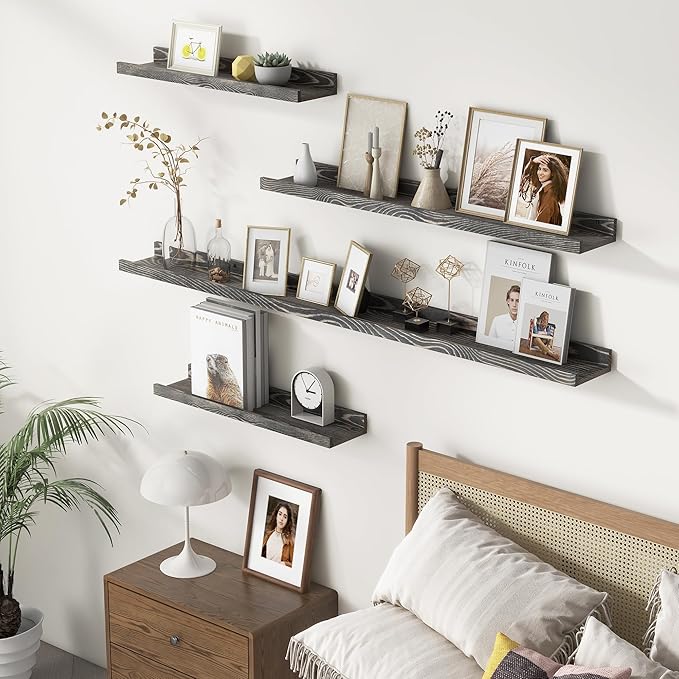 Picture Ledge Wall Shelves 56 Inches Width Set of 3, Solid Pine Wood Rustic Floating Ledge for Kids' Room Bedroom Kitchen Bat