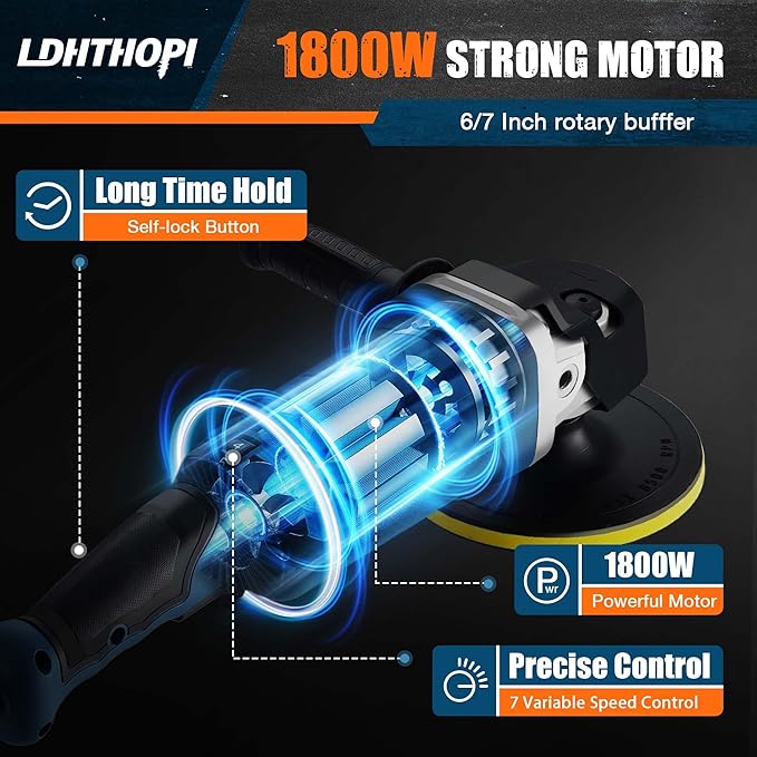 LDHTHOPI Buffer Polisher, 1800W 6 inch/7 inch Rotary Buffer Polisher Waxer, 750-3100RPM Car Buffers and Polishers with 6 Variable Speeds, for Car, Boat, Furniture, Floor